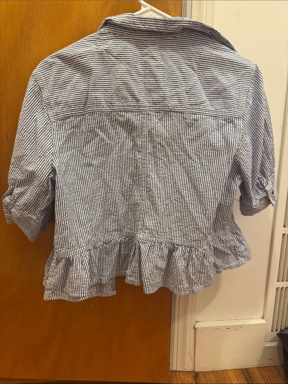 Steve Madden Women’s Blue & White Striped Ruffle Hem Button-Up Top - Picture 3 of 3